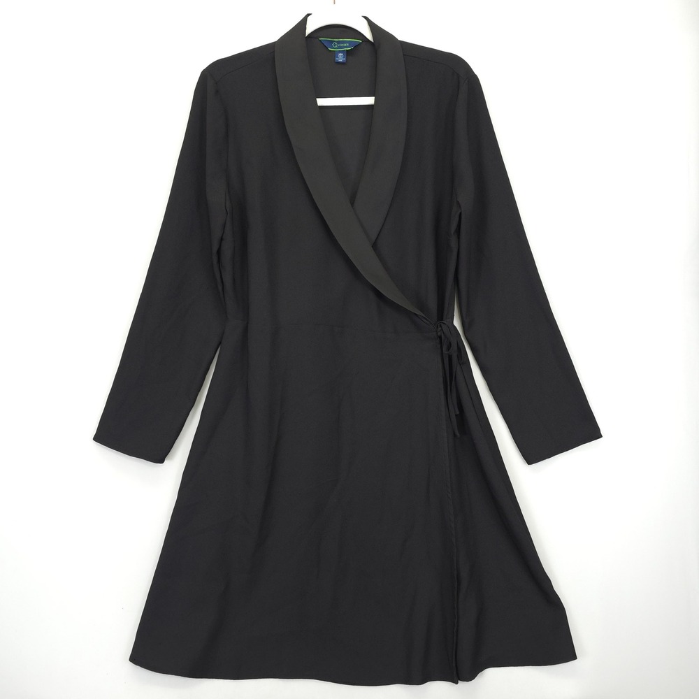C. Wonder Black Wrap Dress Lapel Collar Women M Long Sleeve Career Minimal Luxe